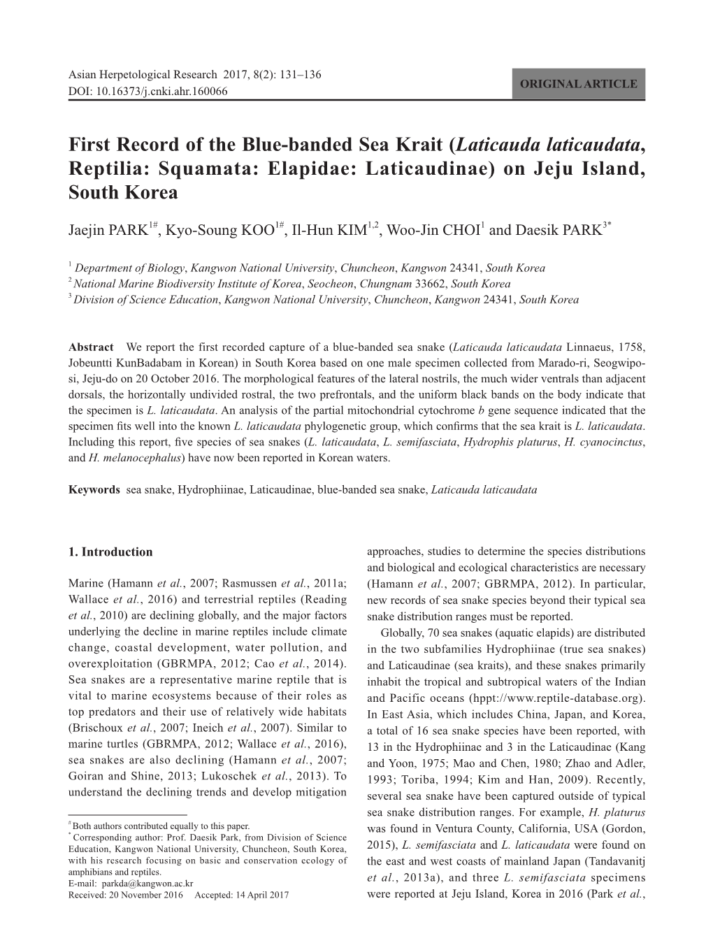 First Record of the Blue-Banded Sea Krait (Laticauda Laticaudata, Reptilia: Squamata: Elapidae: Laticaudinae) on Jeju Island, South Korea