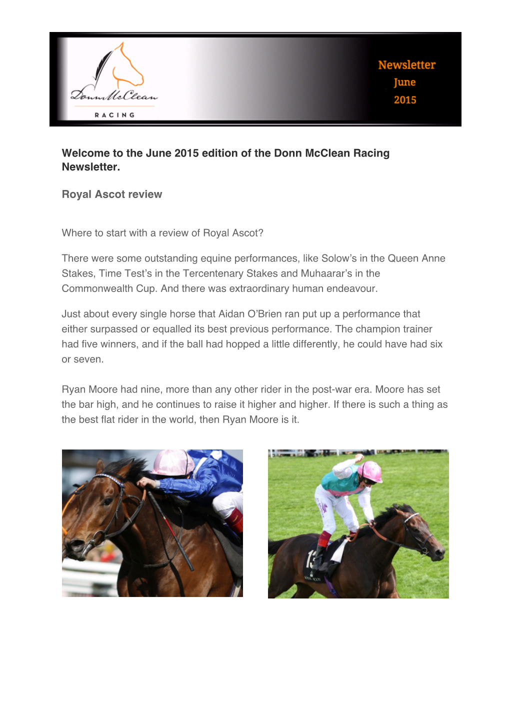 Welcome to the June 2015 Edition of the Donn Mcclean Racing Newsletter