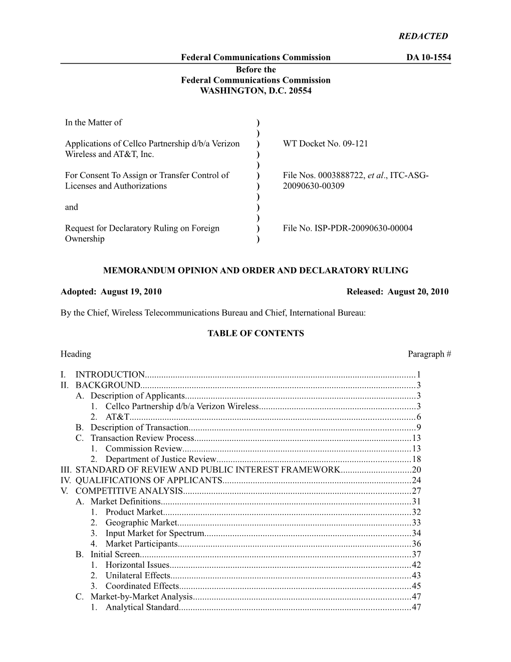 Memorandum Opinion and Order and DECLARATORY RULING