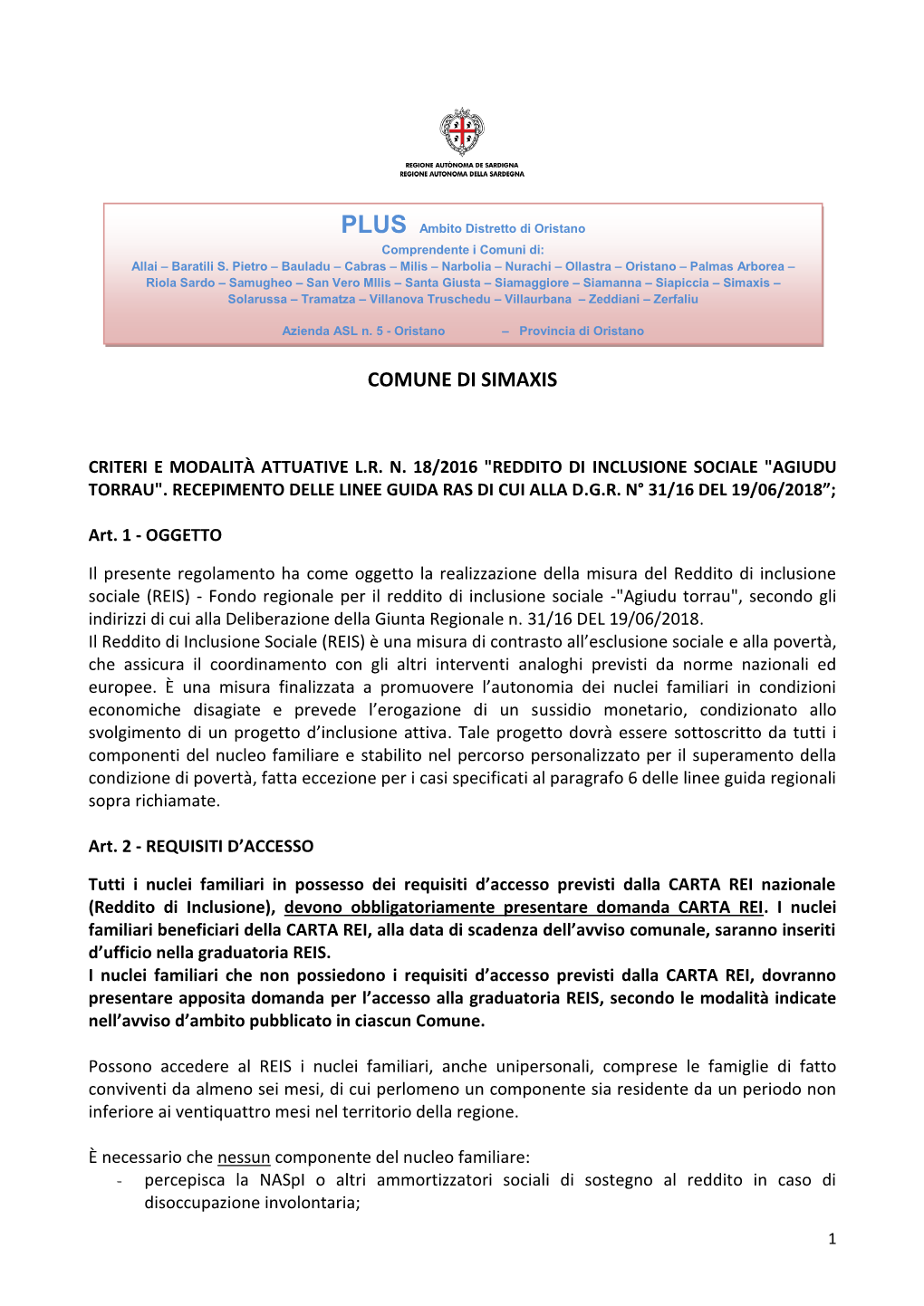 Ambito Distretto Di Oristano Comprendente I Comuni Di: Allai – Baratili S