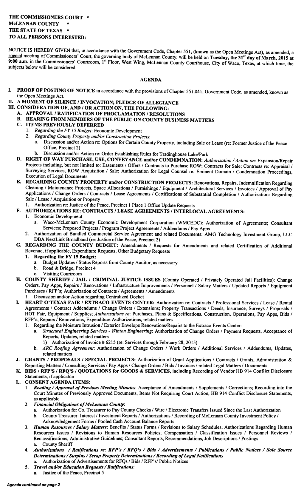 S Ecial Meeting of Commissioners' Court, the Governing Body of Mclennan County, Will Be Held on Tuesday, the 31" Day of March, 2015 at 9: 00 A.M