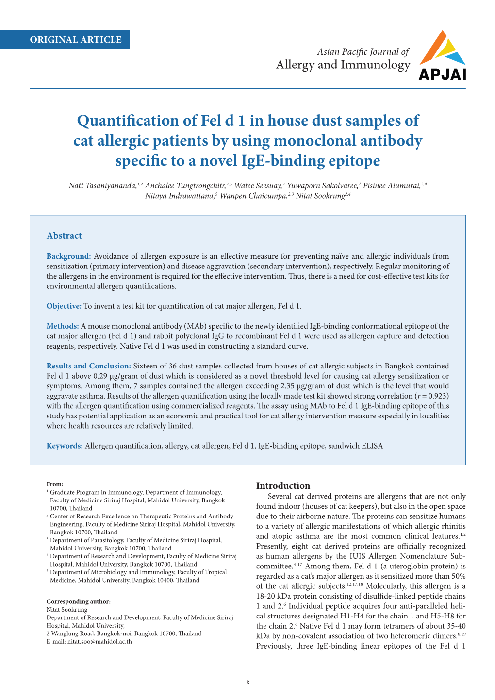 Quantification of Fel D 1 in House Dust Samples of Cat Allergic Patients by Using Monoclonal Antibody Specific to a Novel Ige-Binding Epitope