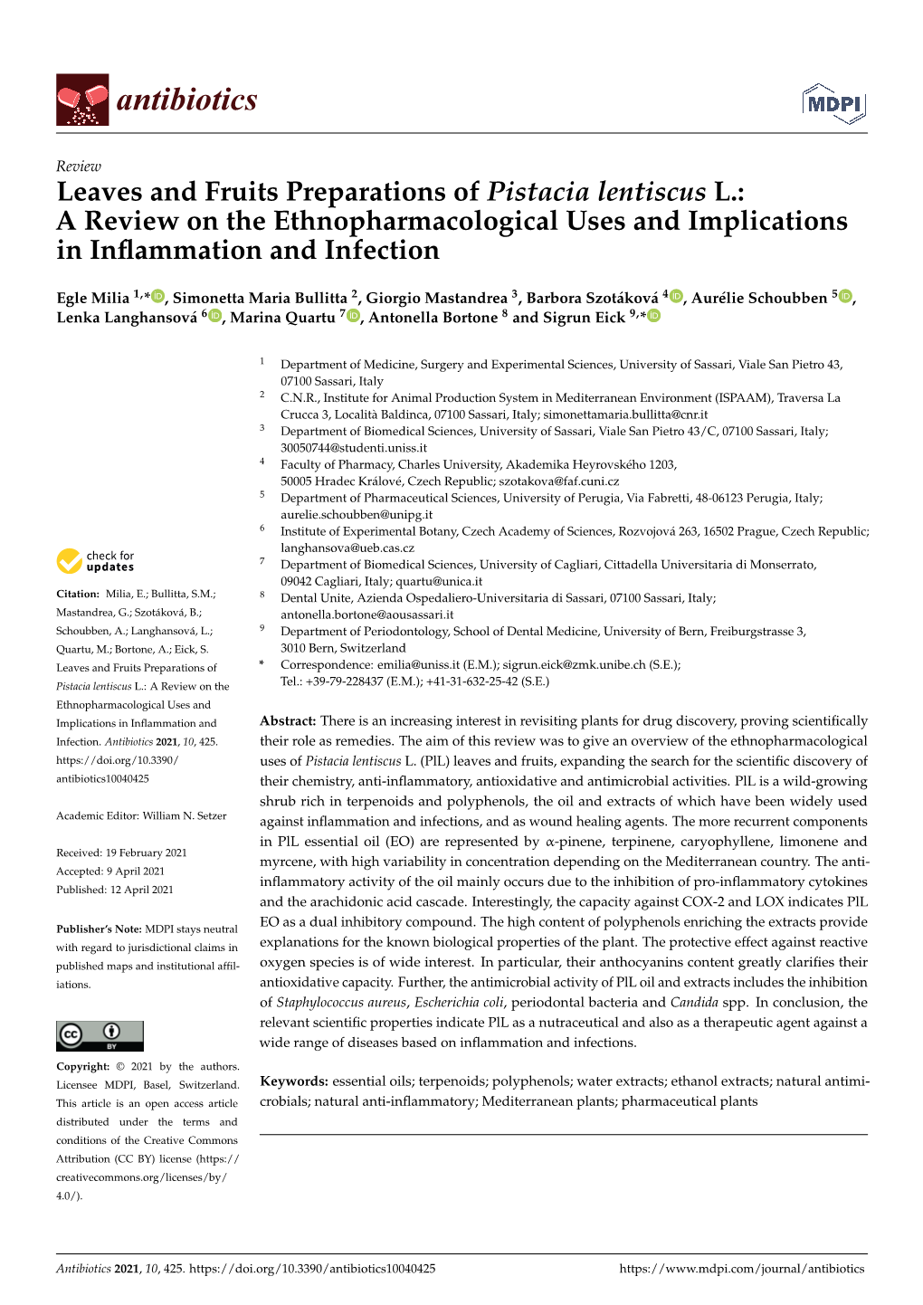 Leaves and Fruits Preparations of Pistacia Lentiscus L.: a Review on the Ethnopharmacological Uses and Implications in Inﬂammation and Infection