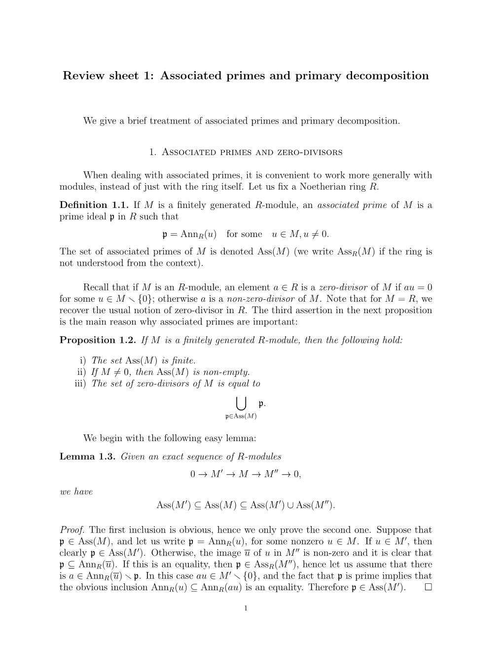 Review Sheet 1: Associated Primes and Primary Decomposition