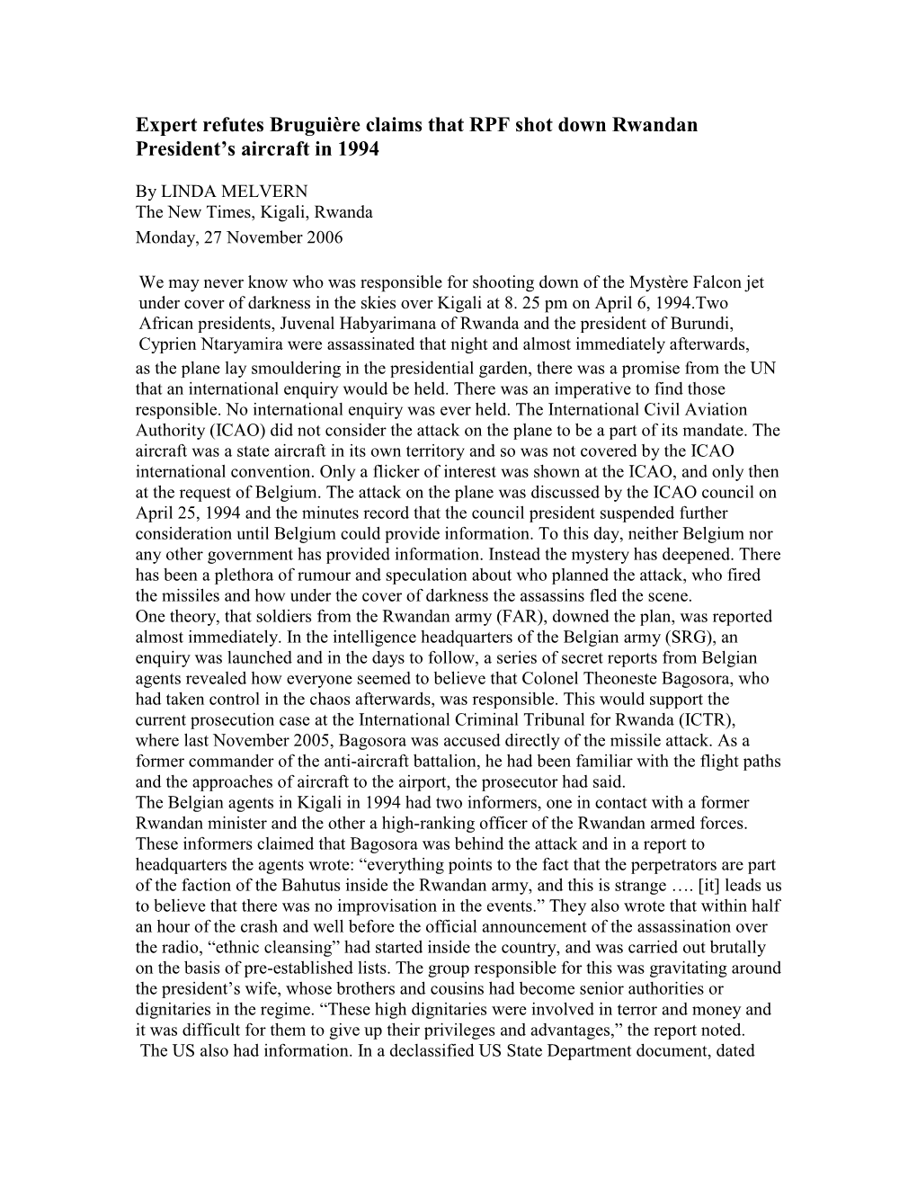 Expert Refutes Bruguière Claims That RPF Shot Down Rwandan President's Aircraft in 1994