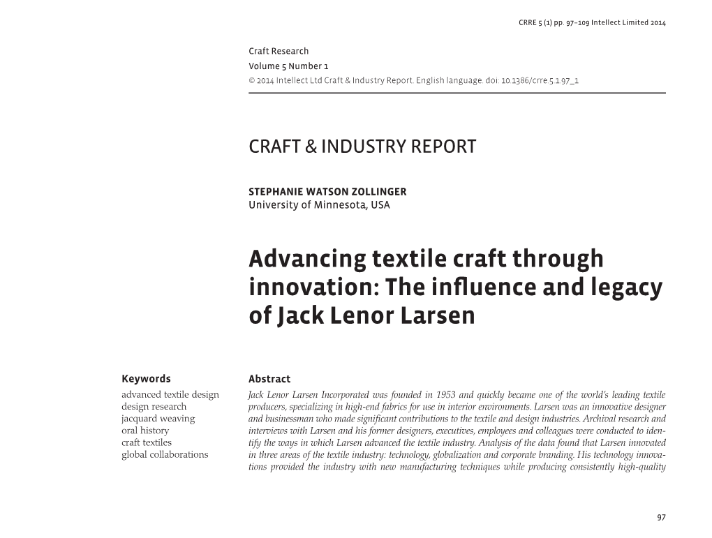 Advancing Textile Craft Through Innovation: the Influence and Legacy of Jack Lenor Larsen