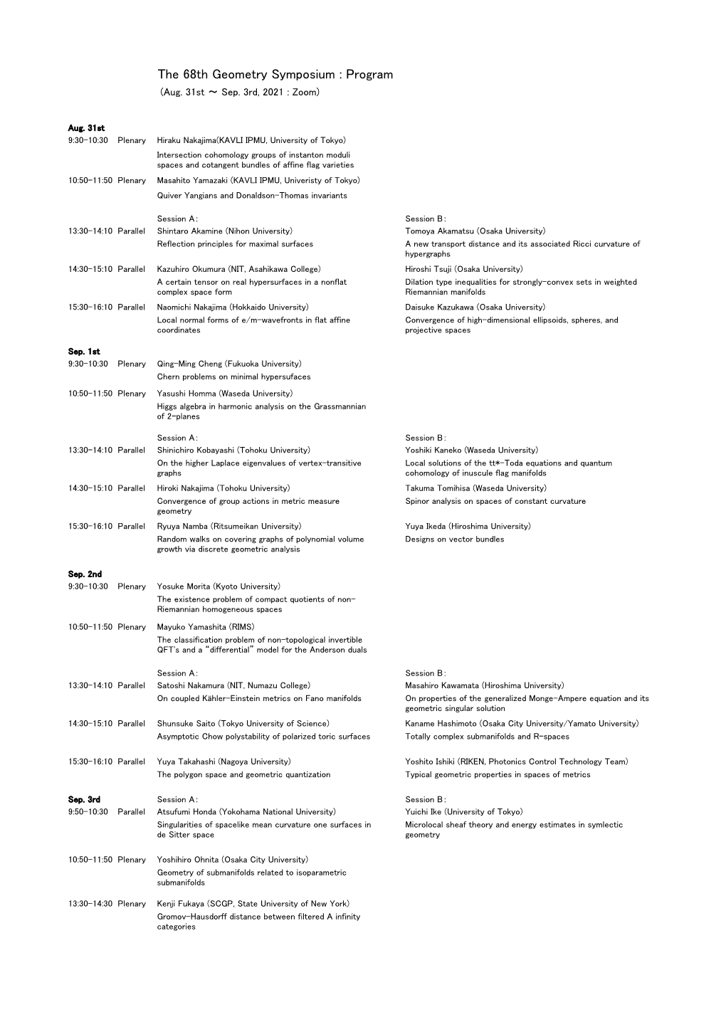 The 68Th Geometry Symposium : Program (Aug