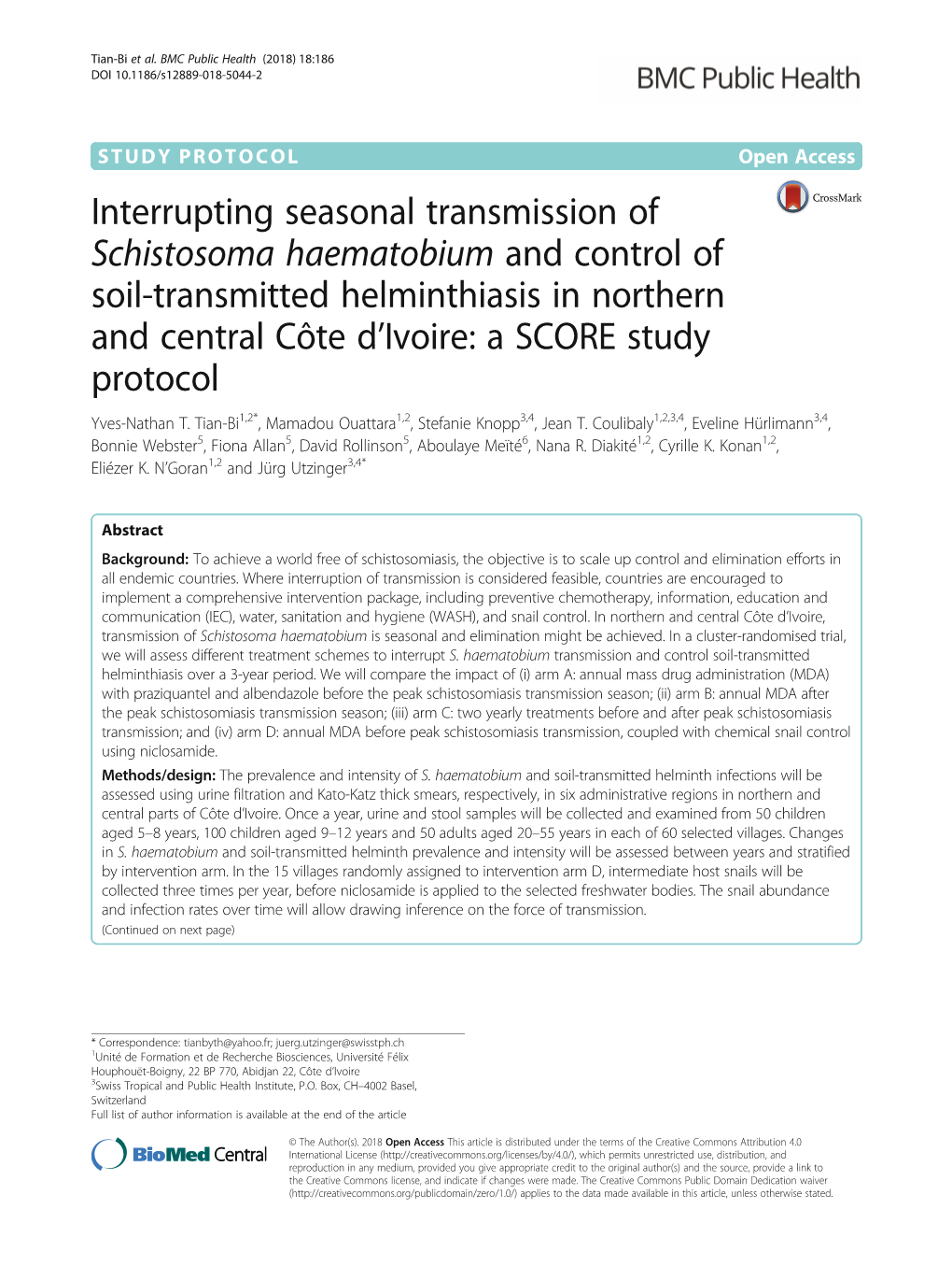 Interrupting Seasonal Transmission of Schistosoma Haematobium and Control of Soil-Transmitted Helminthiasis in Northern and Cent