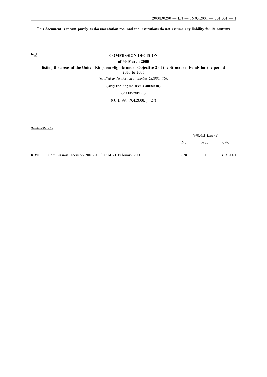 COMMISSION DECISION of 30 March 2000 Listing the Areas of the United