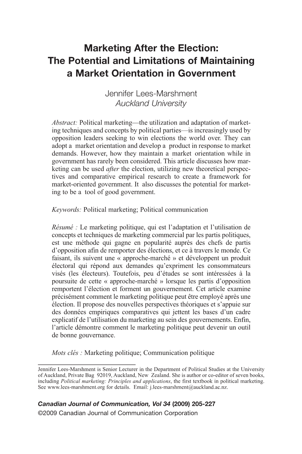 Marketing After the Election: the Potential and Limitations of Maintaining a Market Orientation in Government