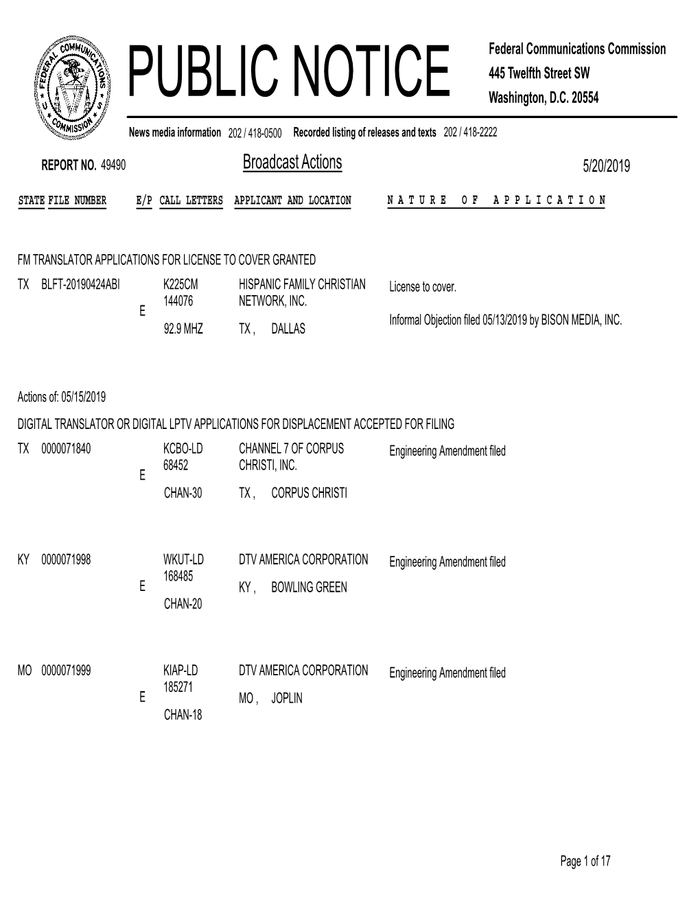 Broadcast Actions 5/20/2019