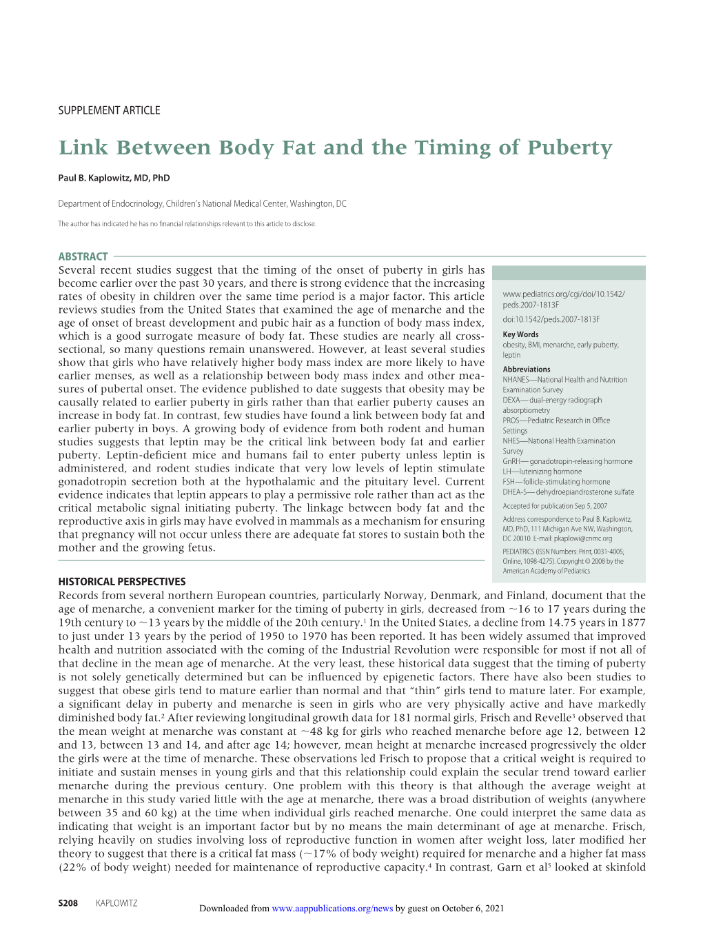 Link Between Body Fat and the Timing of Puberty