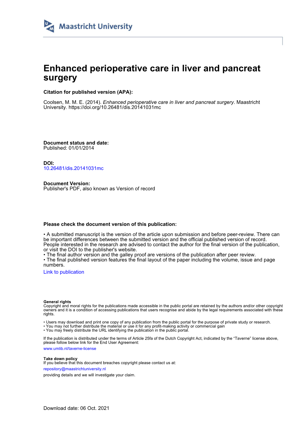 Enhanced Perioperative Care in Liver and Pancreat Surgery