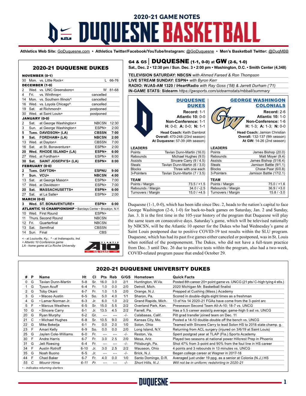 Duquesne.Com • Athletics Twitter/Facebook/Youtube/Instagram: @Goduquesne • Men’S Basketball Twitter: @Duqmbb