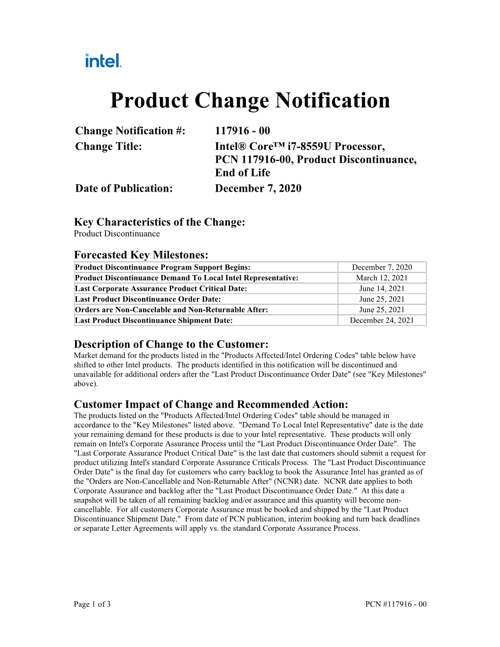 Product Change Notification