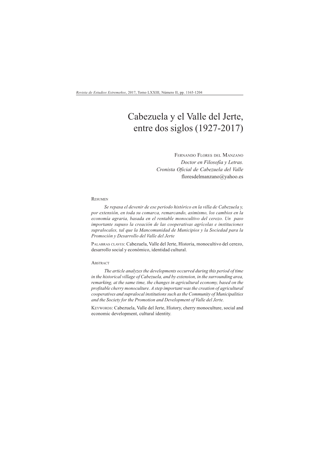 Cabezuela Y El Valle Del Jerte, Entre Dos Siglos (1927-2017)