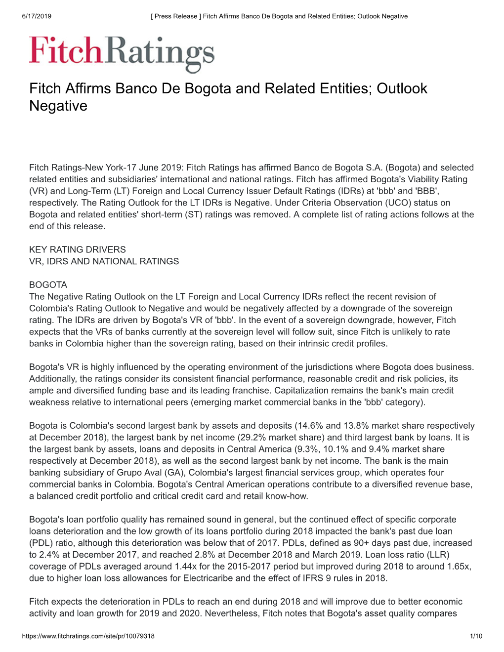 Fitch Affirms Banco De Bogota and Related Entities; Outlook Negative