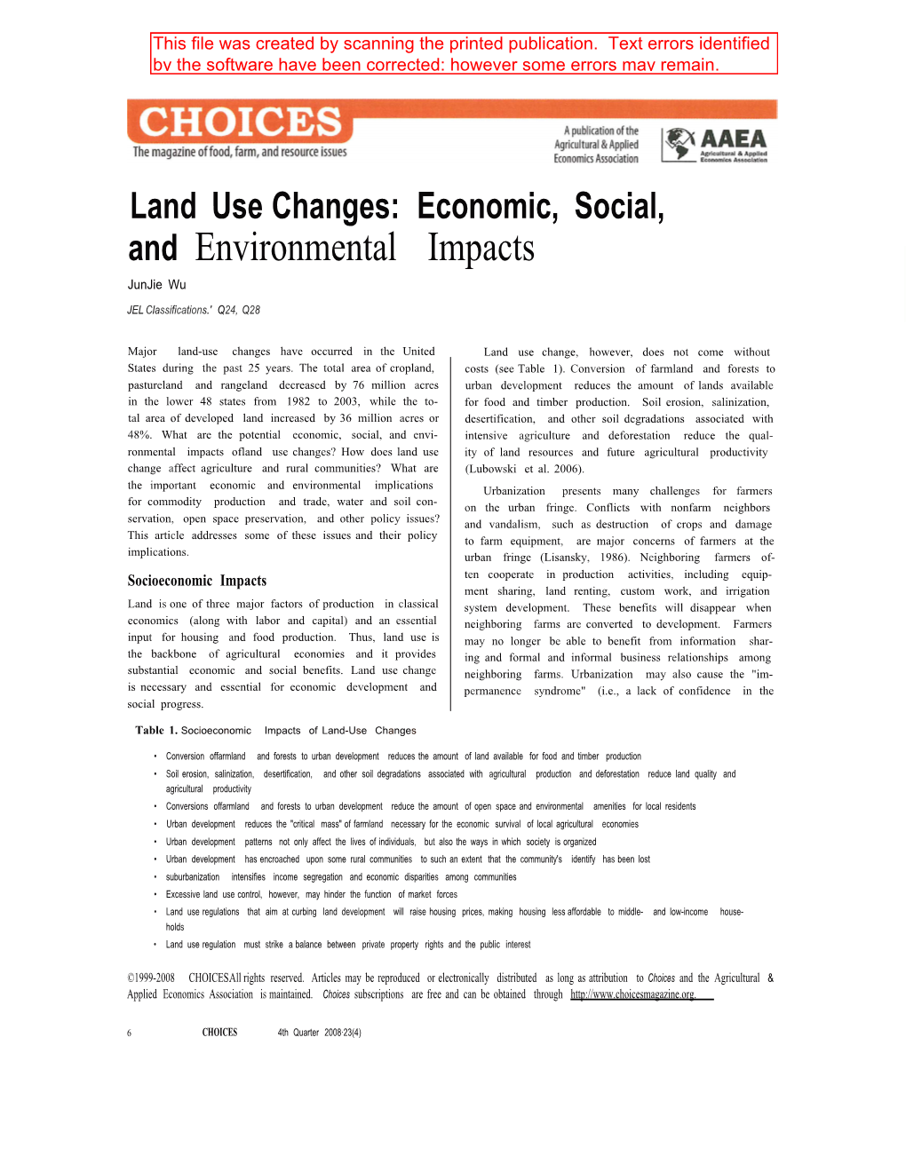 Land Use Changes: Economic, Social, and Environmental Impacts Junjie Wu