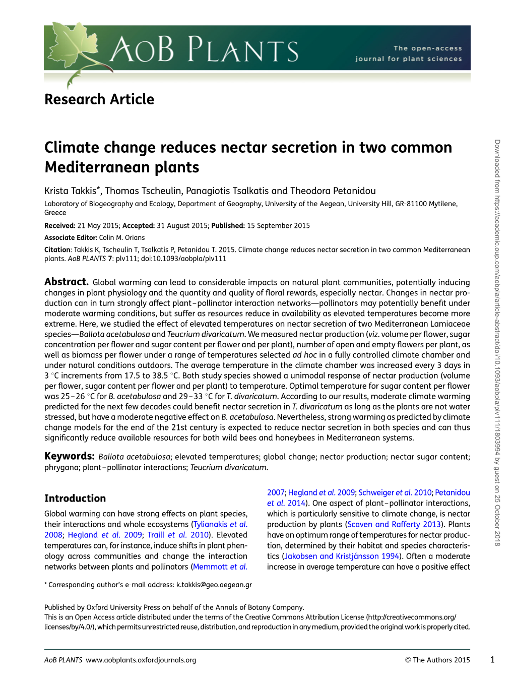 Climate Change Reduces Nectar Secretion in Two Common Mediterranean Plants