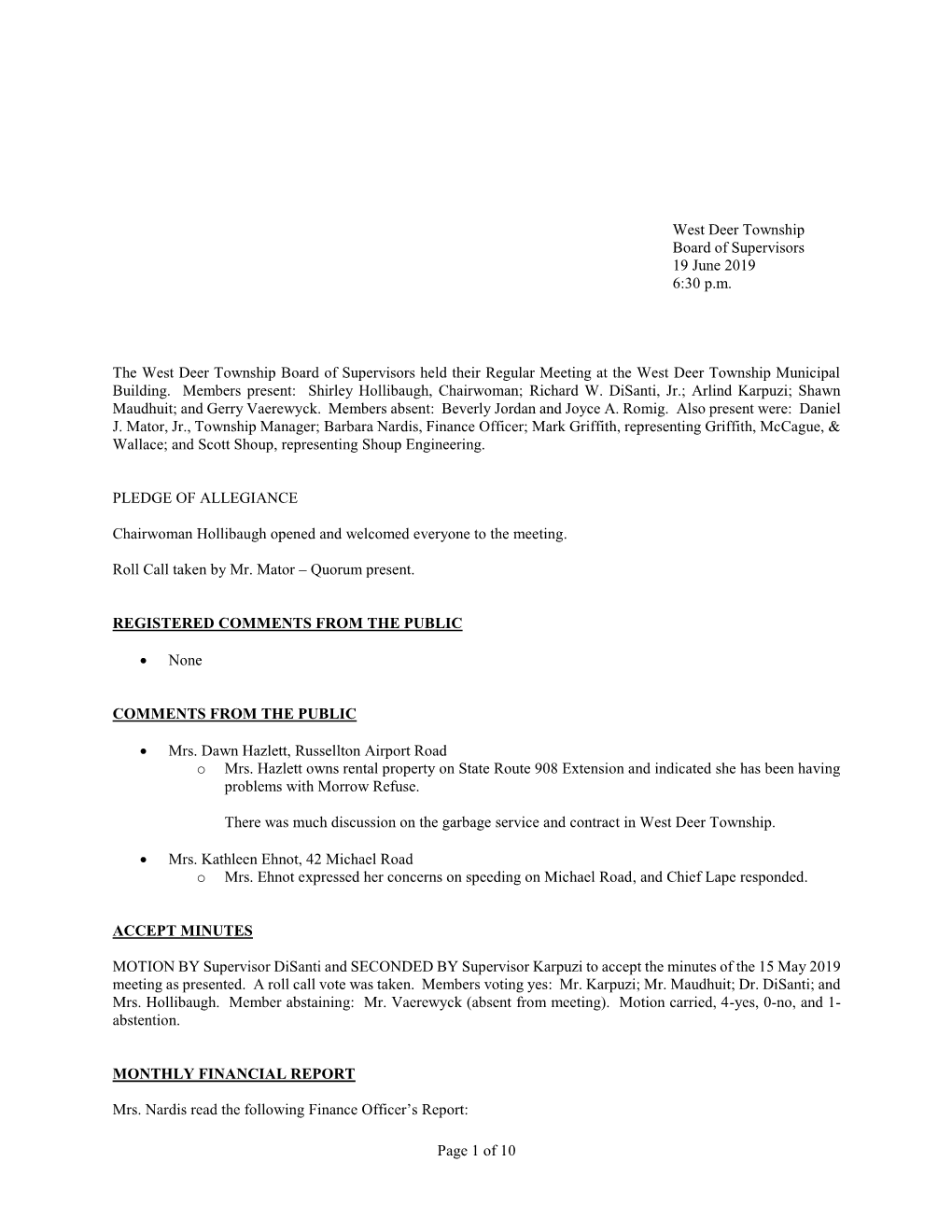 Page 1 of 10 West Deer Township Board of Supervisors 19 June 2019