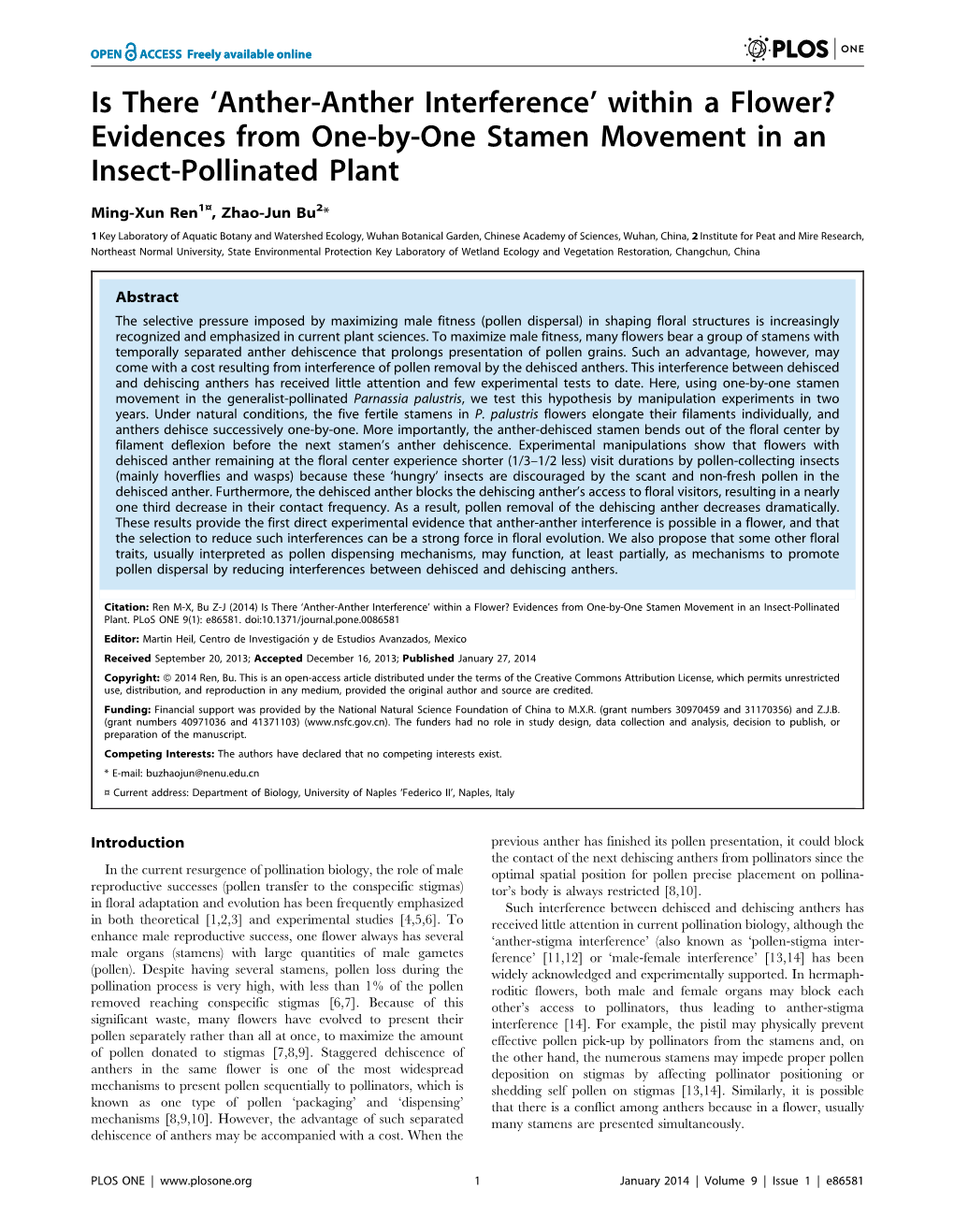 Evidences from One-By-One Stamen Movement in an Insect-Pollinated Plant