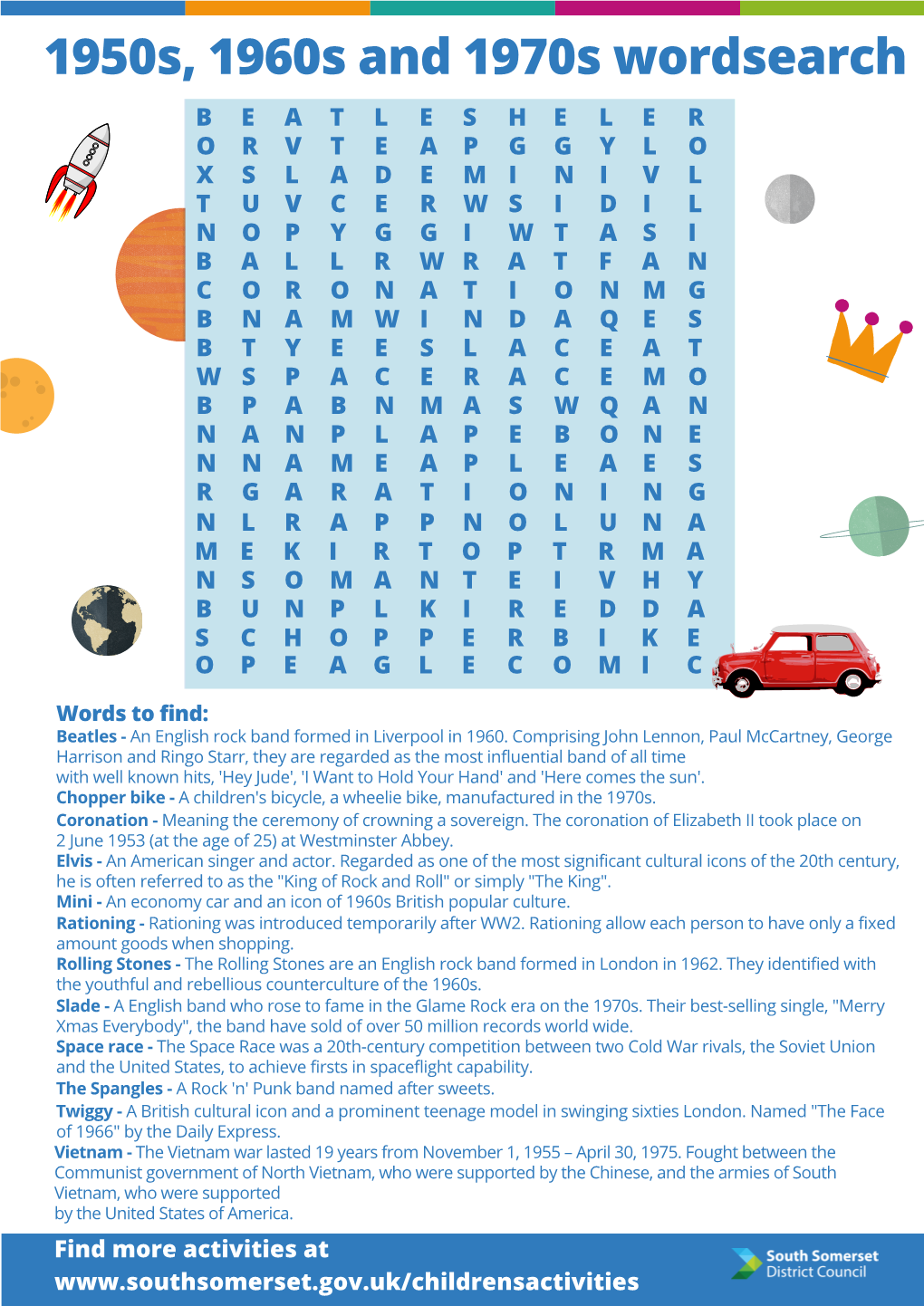 1950S, 1960S and 1970S Word Search