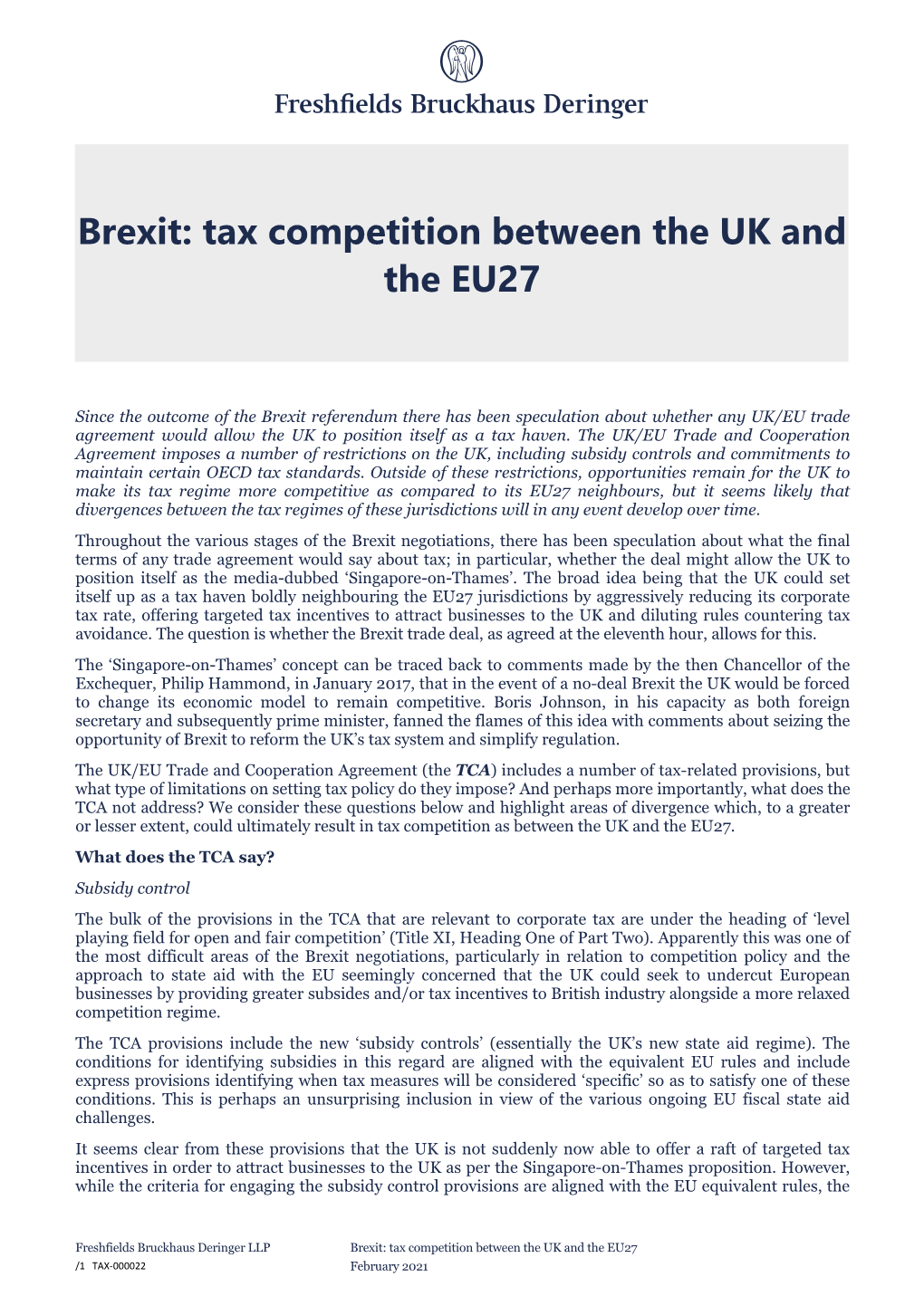 Brexit Tax Competition Between the UK and the EU27
