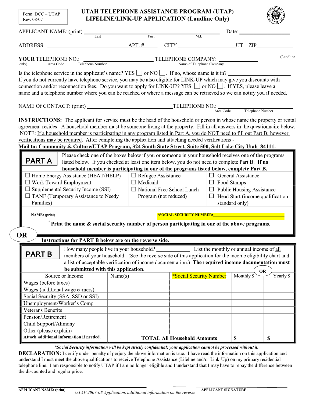 Utah Telephone Assistance Program (Utap) Lifeline/Linkup Application