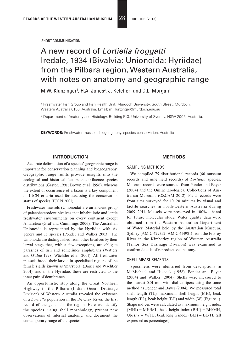 A New Record of Lortiella Froggatti Iredale, 1934 (Bivalvia: Unionoida