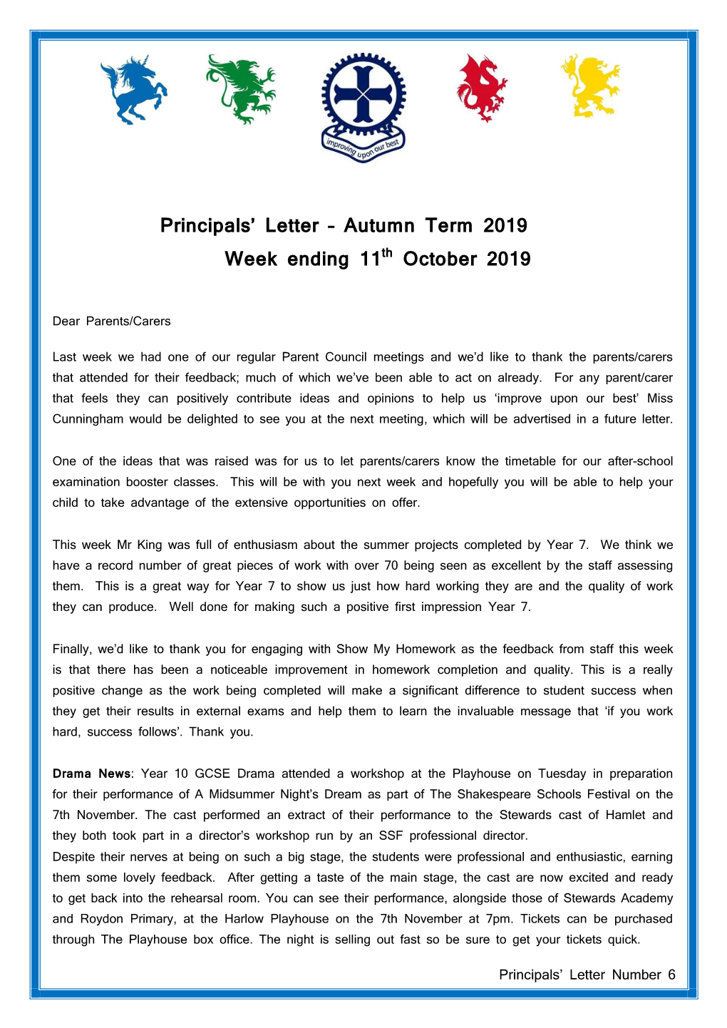 Principals' Letter – Autumn Term 2019 Week Ending 11Th October 2019