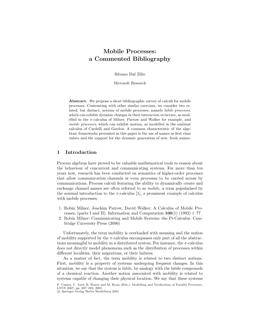 Mobile Processes: a Commented Bibliography