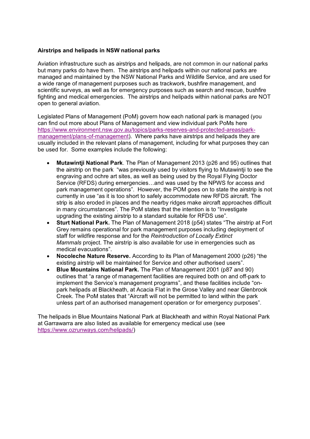 Airstrips and Helipads in NSW National Parks