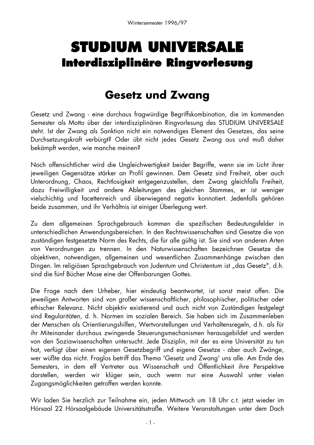 STUDIUM UNIVERSALE Interdisziplinäre Ringvorlesung