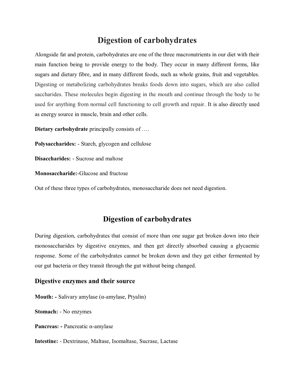 Digestion of Carbohydrates