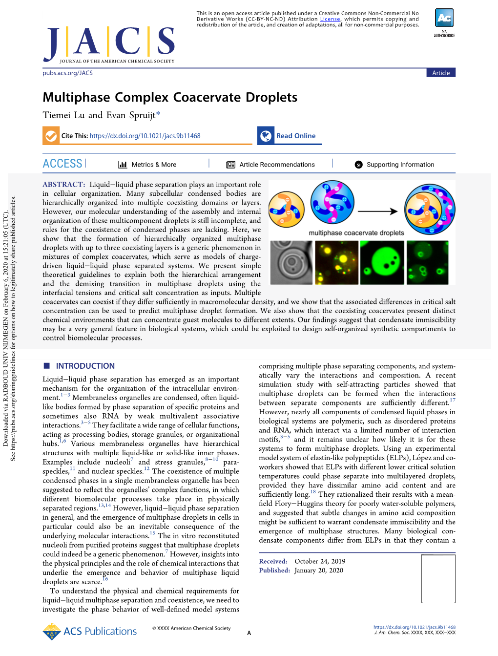 Multiphase Complex Coacervate Droplets Tiemei Lu and Evan Spruijt*