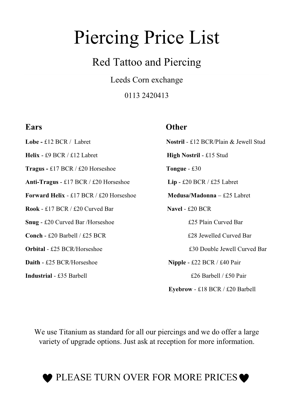 Piercing Price List Red Tattoo and Piercing Leeds Corn Exchange 0113 2420413