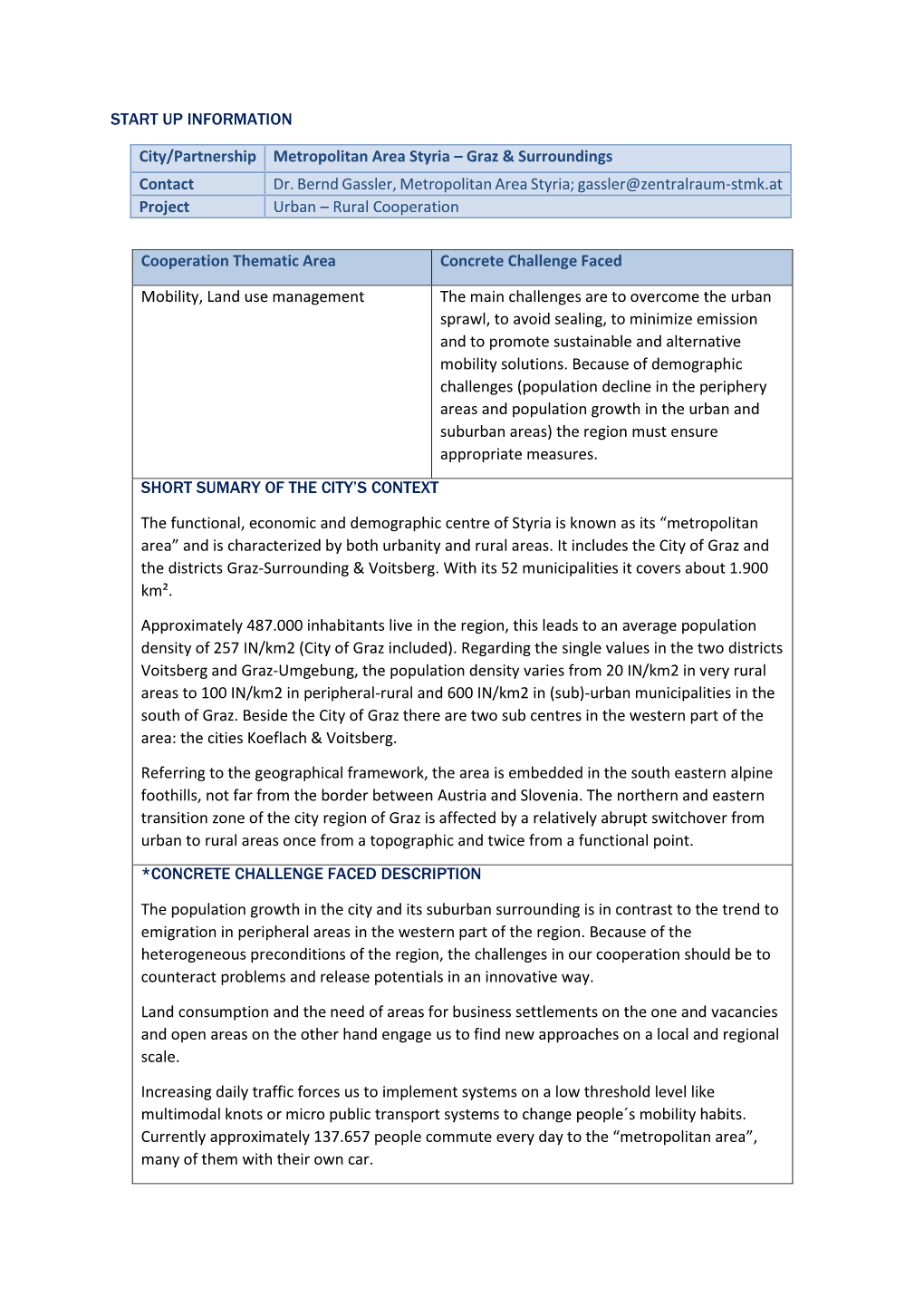 START up INFORMATION City/Partnership Metropolitan Area