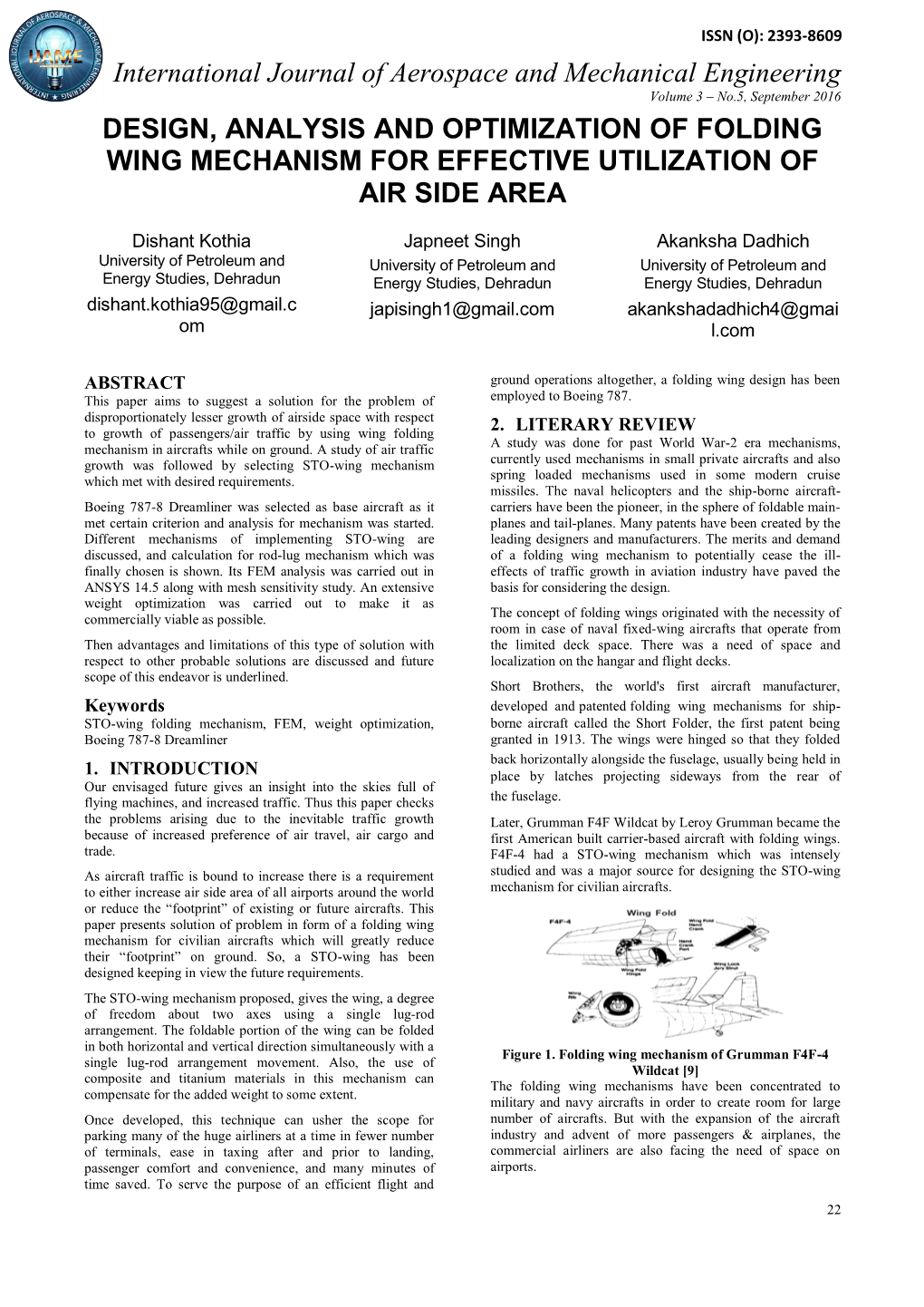 Design, Analysis and Optimization of Folding Wing Mechanism for Effective Utilization of Air Side Area