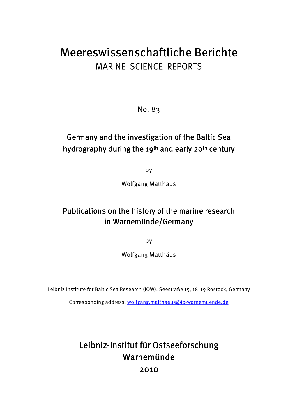 Germany and the Investigation of the Baltic Sea Hydrography During the 19 Th and Early 20 Th Century