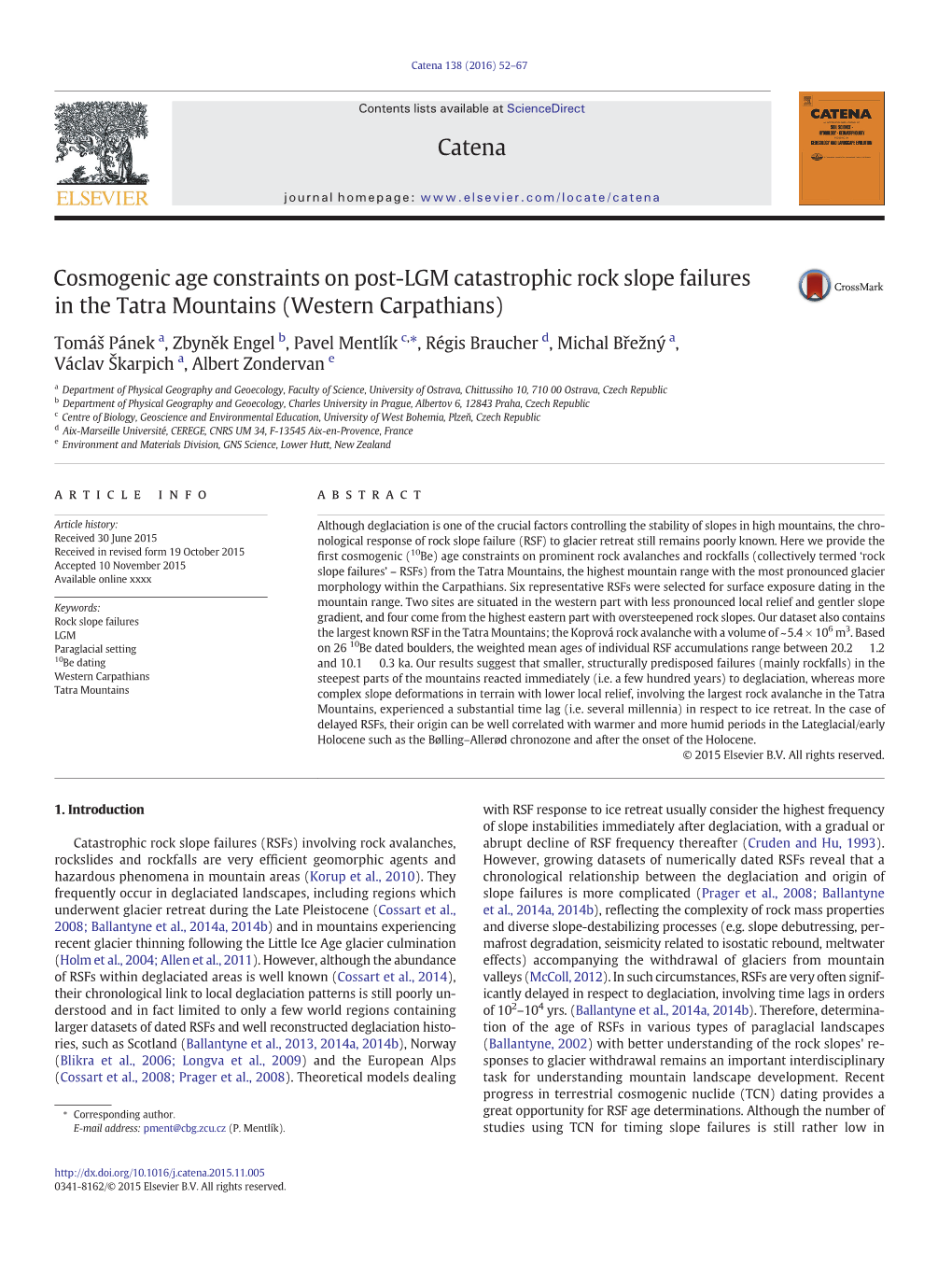 Cosmogenic Age Constraints on Post-LGM Catastrophic Rock Slope Failures in the Tatra Mountains (Western Carpathians)