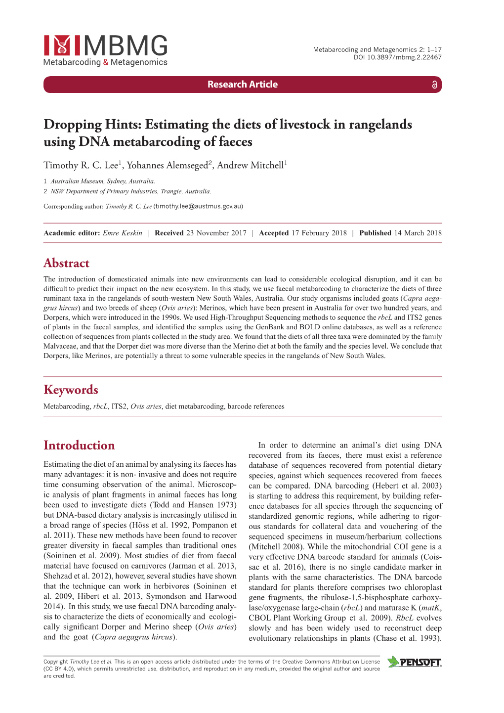 Dropping Hints: Estimating the Diets of Livestock in Rangelands Using DNA Metabarcoding of Faeces