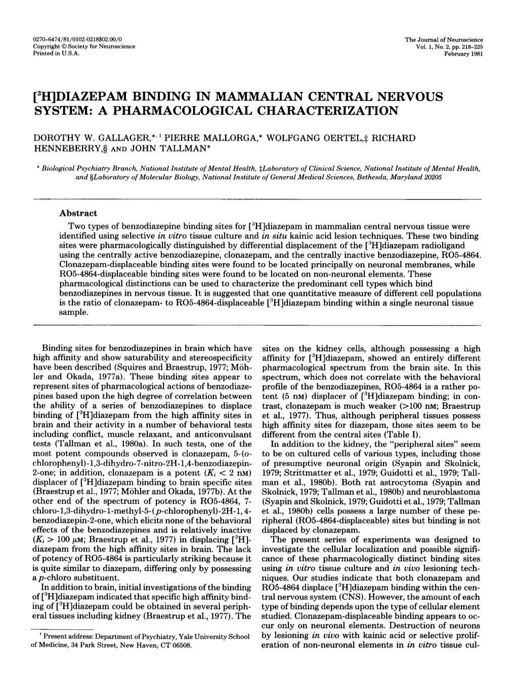 Rh]DIAZEPAM BINDING in MAMMALIAN CENTRAL NERVOUS SYSTEM: a PHARMACOLOGICAL CHARACTERIZATION