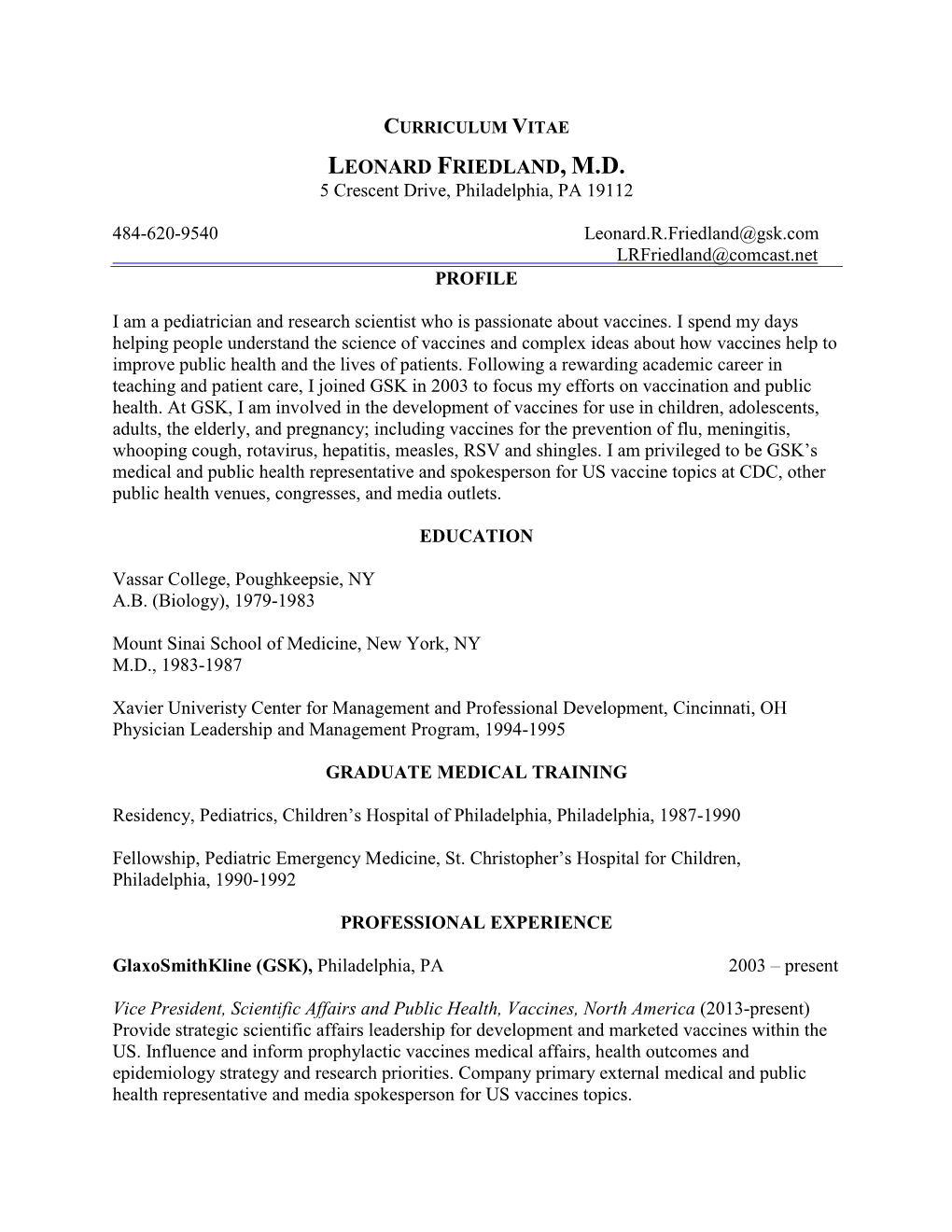 Curriculum Vitae Leonard Friedland, M.D