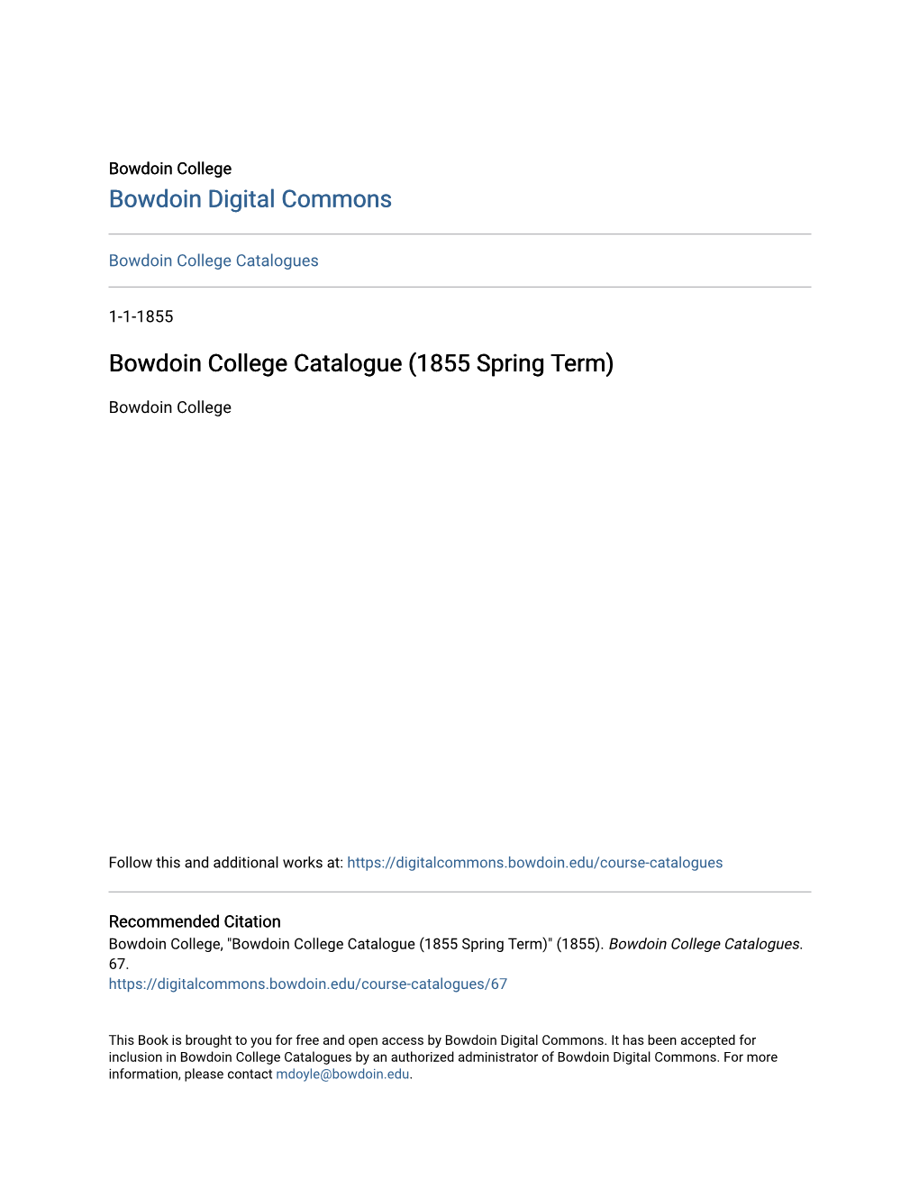 Bowdoin College Catalogue (1855 Spring Term)