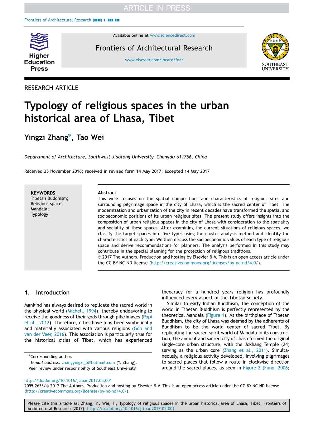 Typology of Religious Spaces in the Urban Historical Area of Lhasa, Tibet