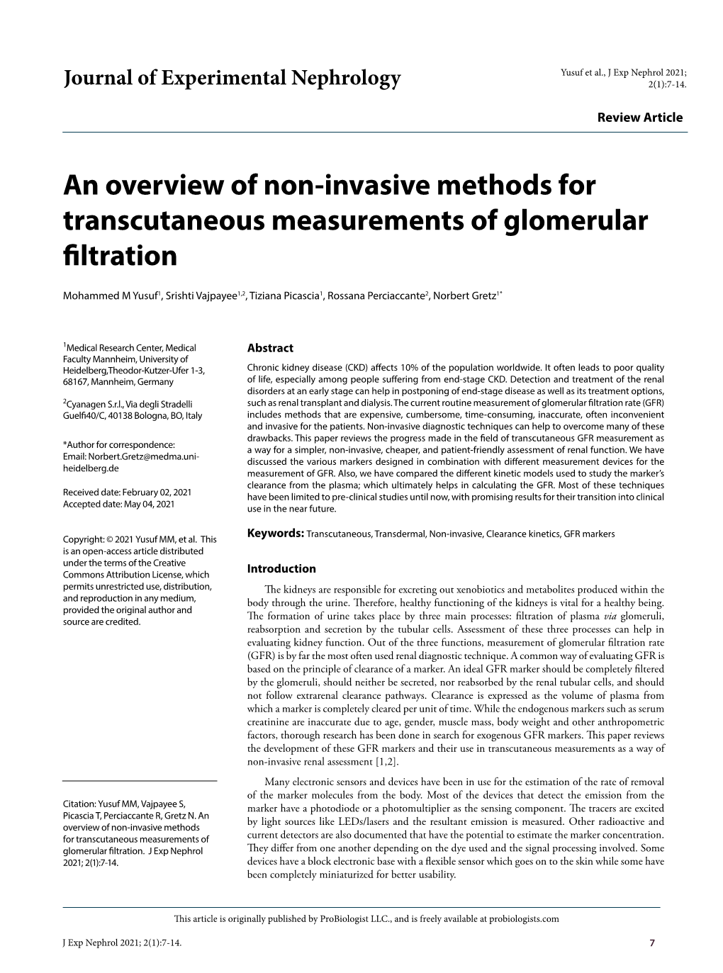 An Overview of Non-Invasive Methods for Transcutaneous Measurements of Glomerular Filtration