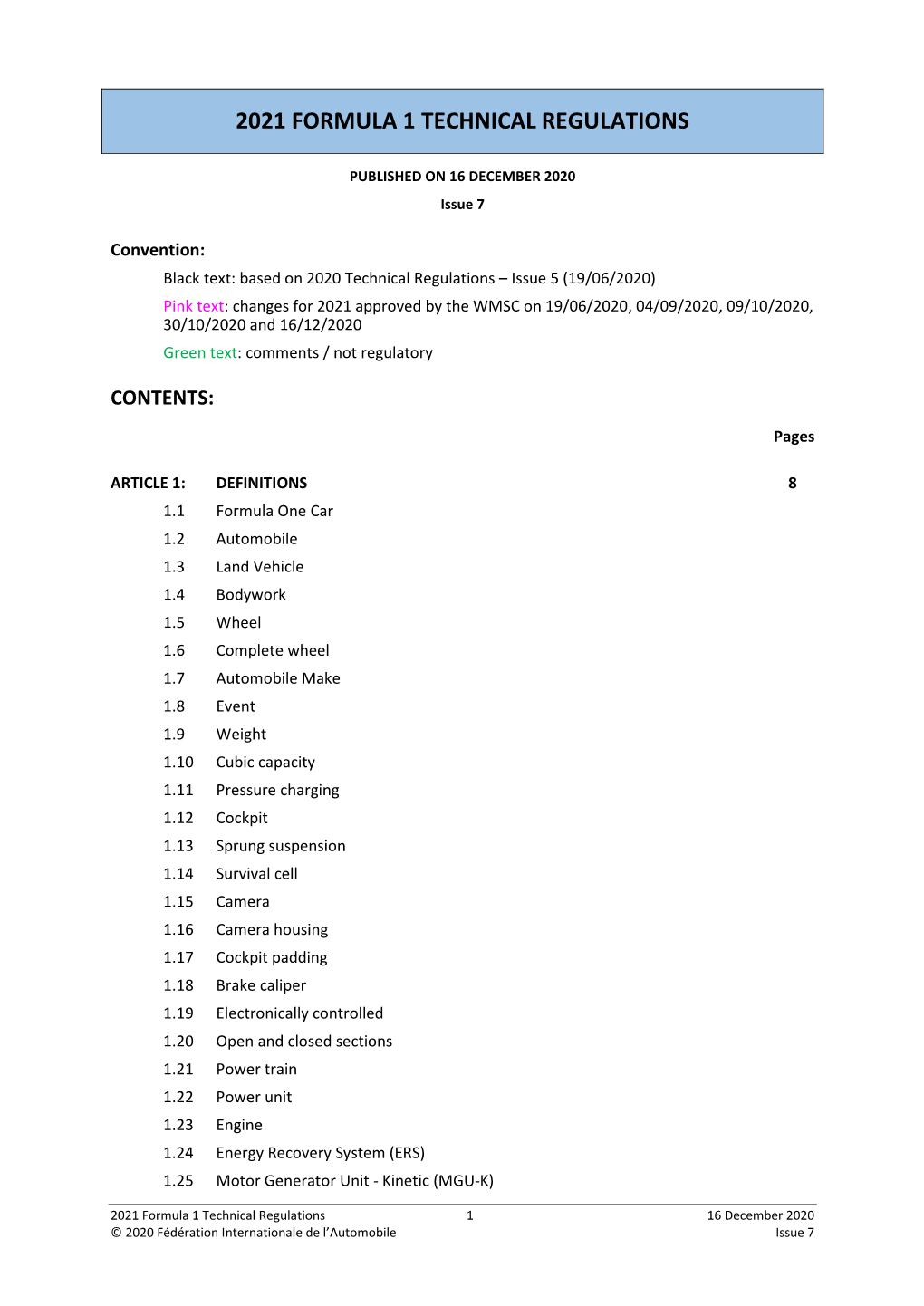 2021 Formula 1 Technical Regulations