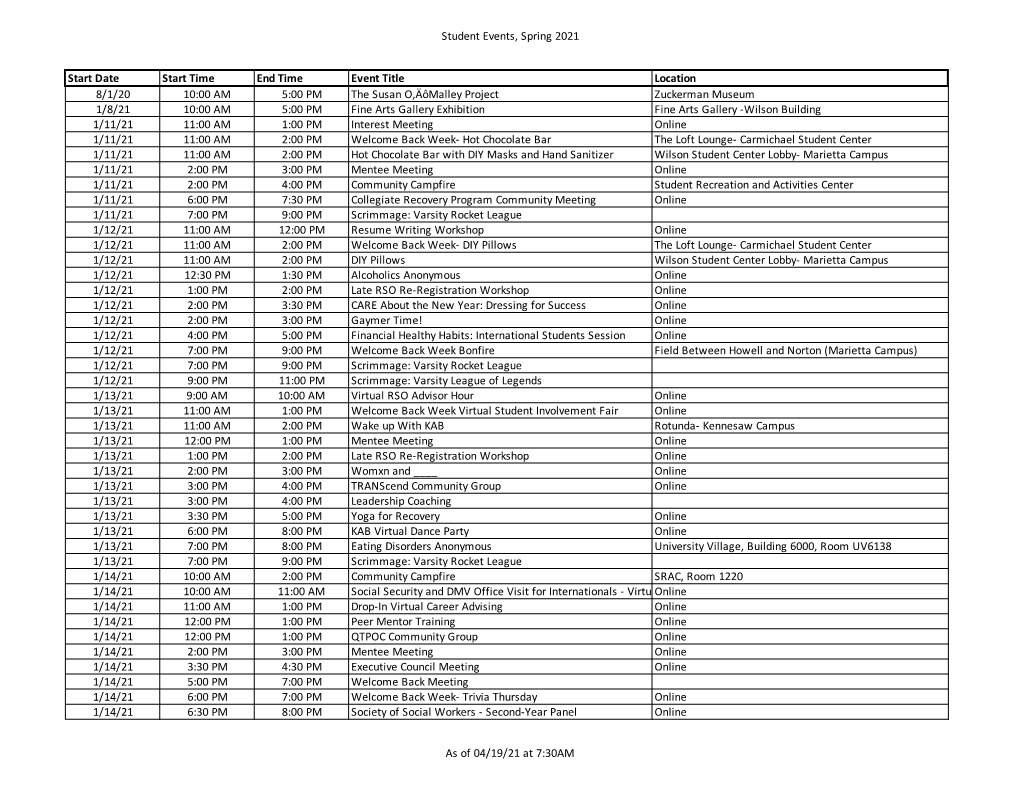 Student Events, Spring 2021 As of 04/19/21 at 7:30AM Start Date Start