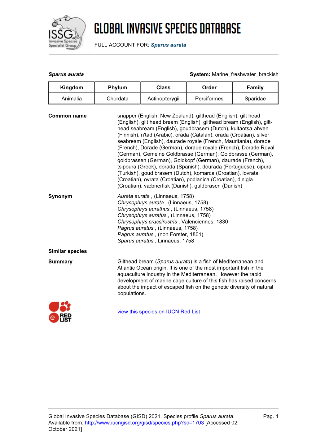 Sparus Aurata Global Invasive Species Database (GISD)