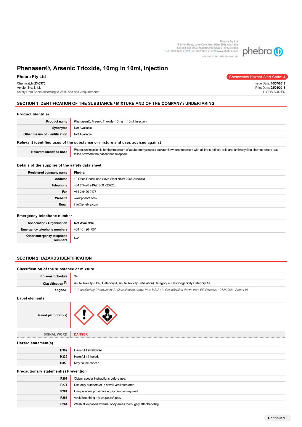 Phenasen®, Arsenic Trioxide, 10Mg in 10Ml, Injection